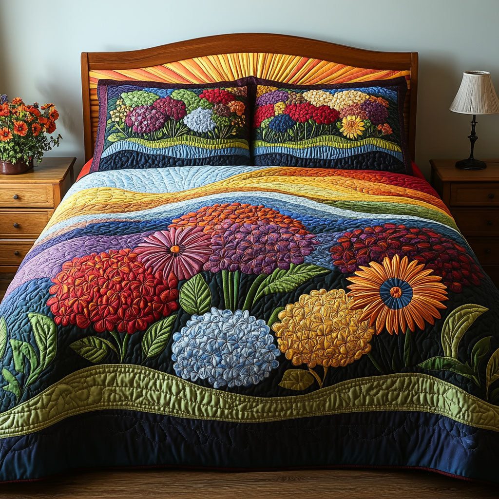 Serene Petals quilted 3-piece bedding set on a made bed with two matching pillow shams