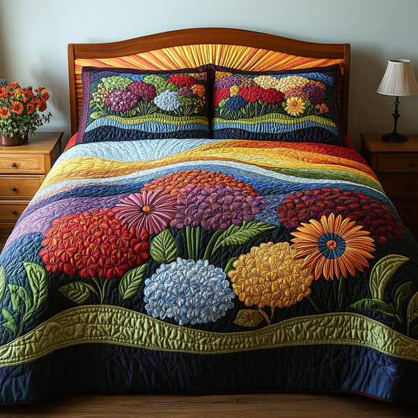 Serene Petals quilted 3-piece bedding set on a made bed with two matching pillow shams