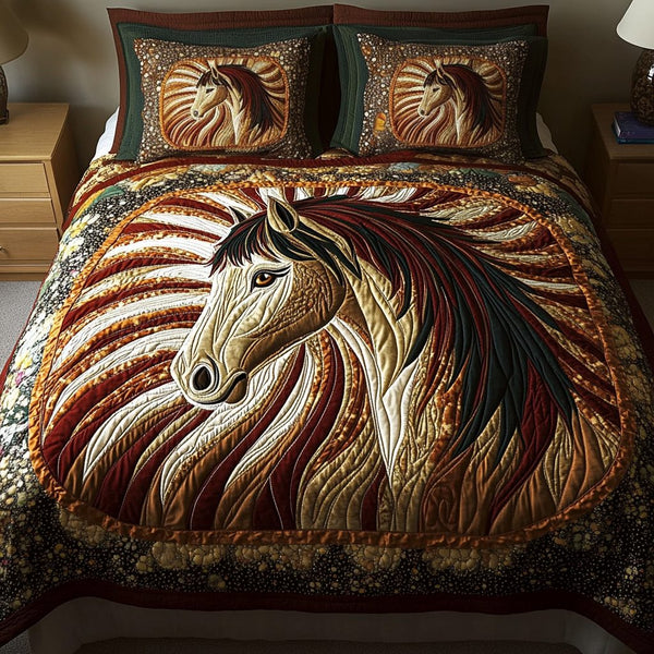 Serene Saddle quilted 3-piece bedding set on a made bed in a rustic timber bedroom