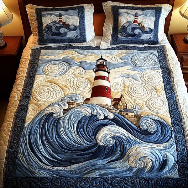 Serene Sands quilted 3-piece bedding set on a made bed with two matching pillow shams