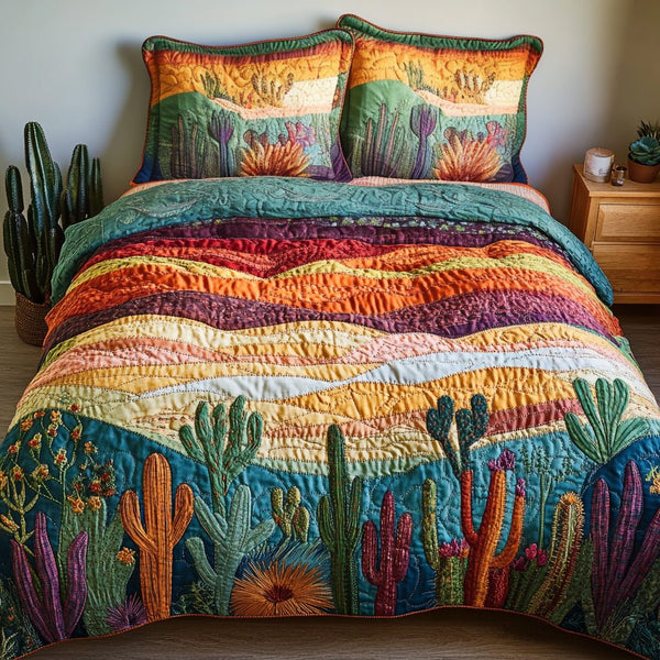 Serene Sands quilted 3-piece bedding set on a made bed with two matching pillow shams