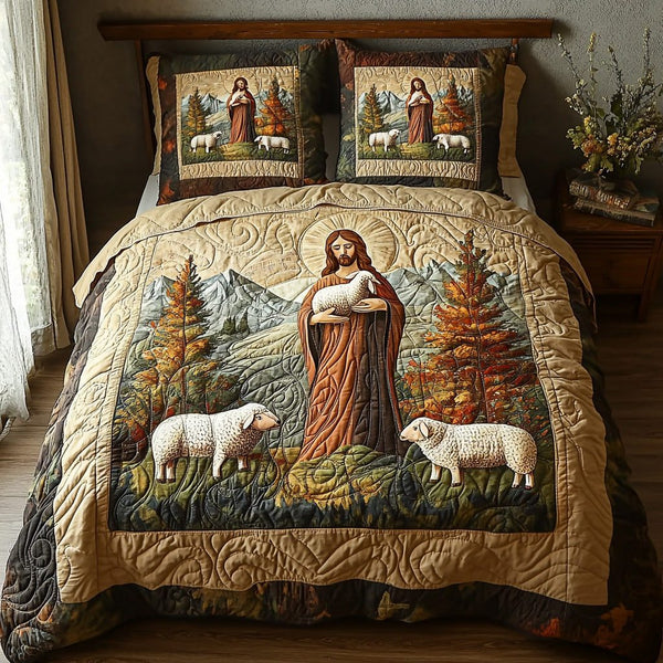 Serene Savior quilted 3-piece bedding set on a made bed with two matching pillow shams