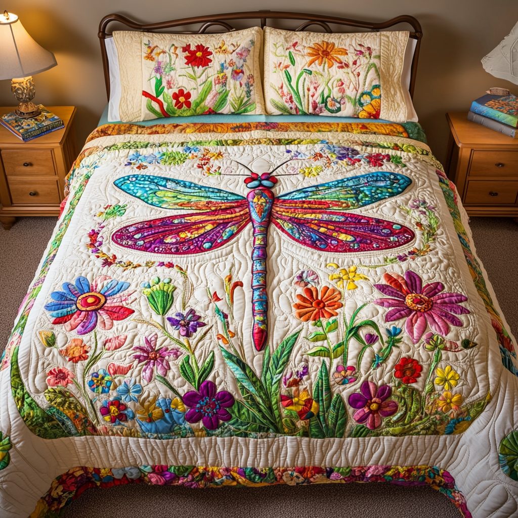 Serene Scene quilted 3-piece bedding set on a made bed with two matching pillow shams