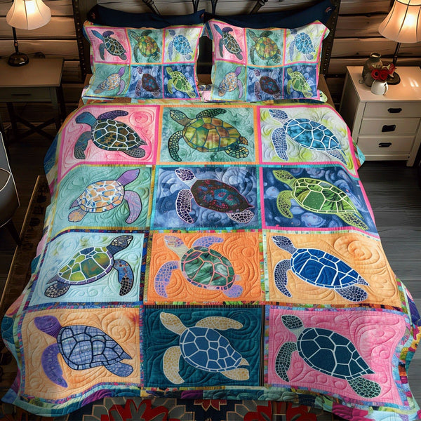 Serene Seas quilted 3-piece bedding set on a made bed with two matching pillow shams