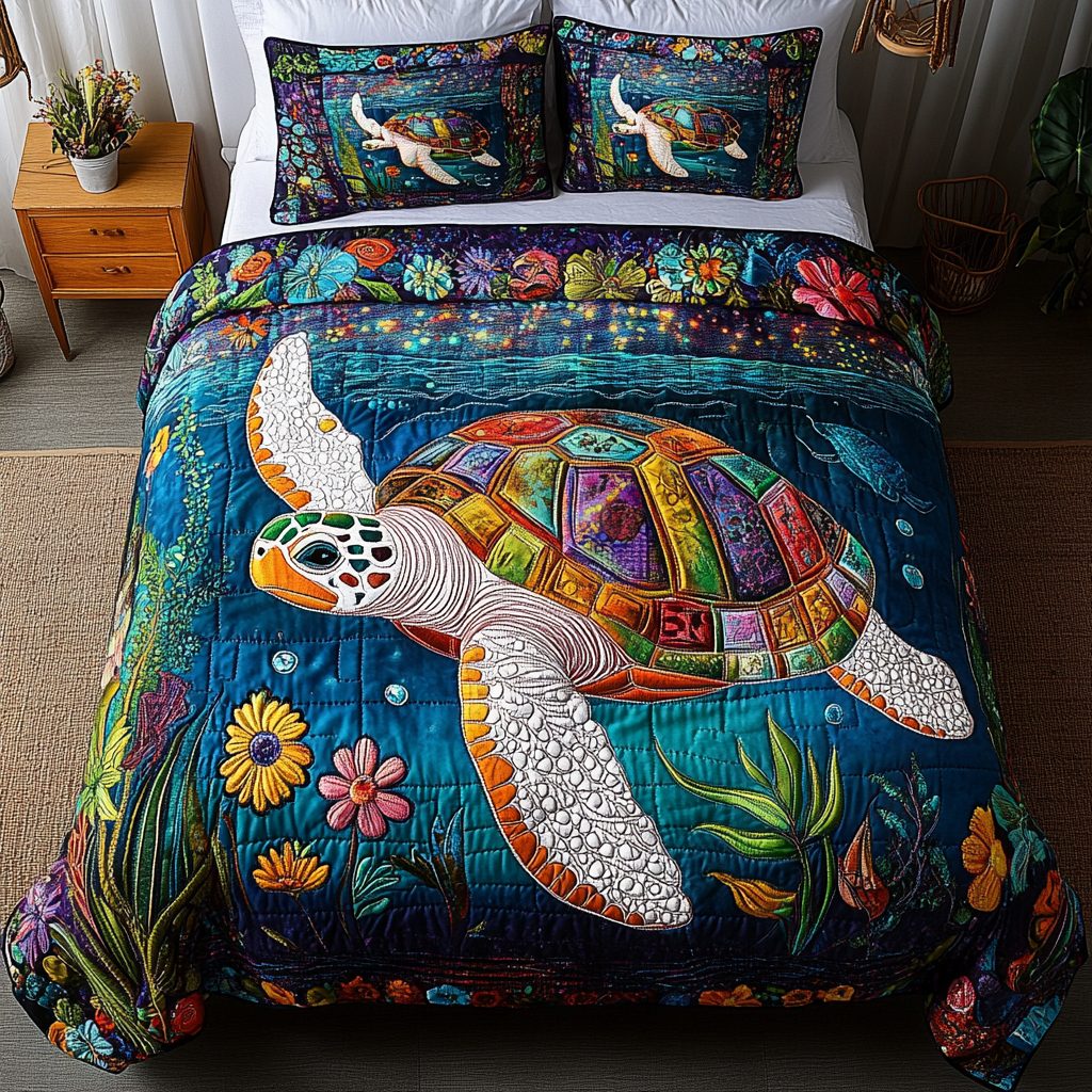 Serene Shell quilted 3-piece bedding set on a made bed in a light coastal bedroom