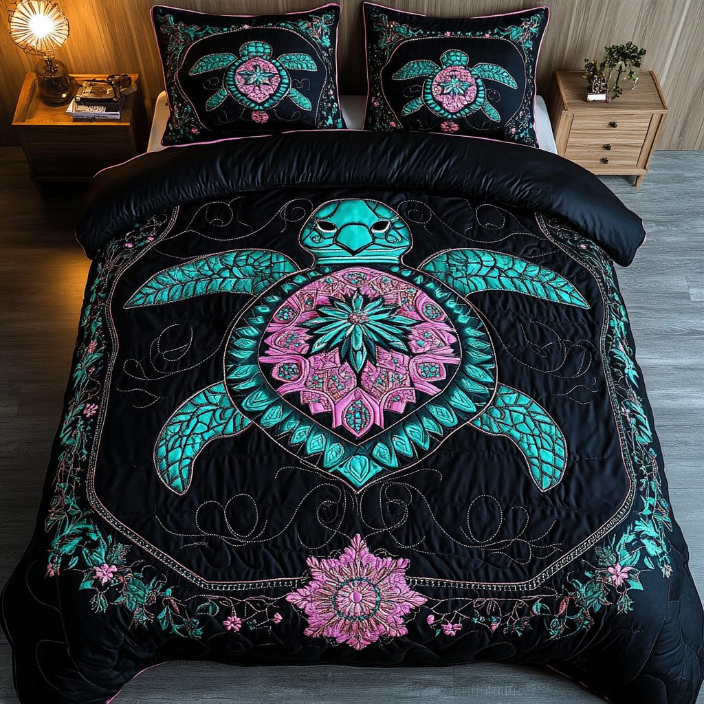 Serene Shell quilted 3-piece bedding set on a made bed in a light coastal bedroom