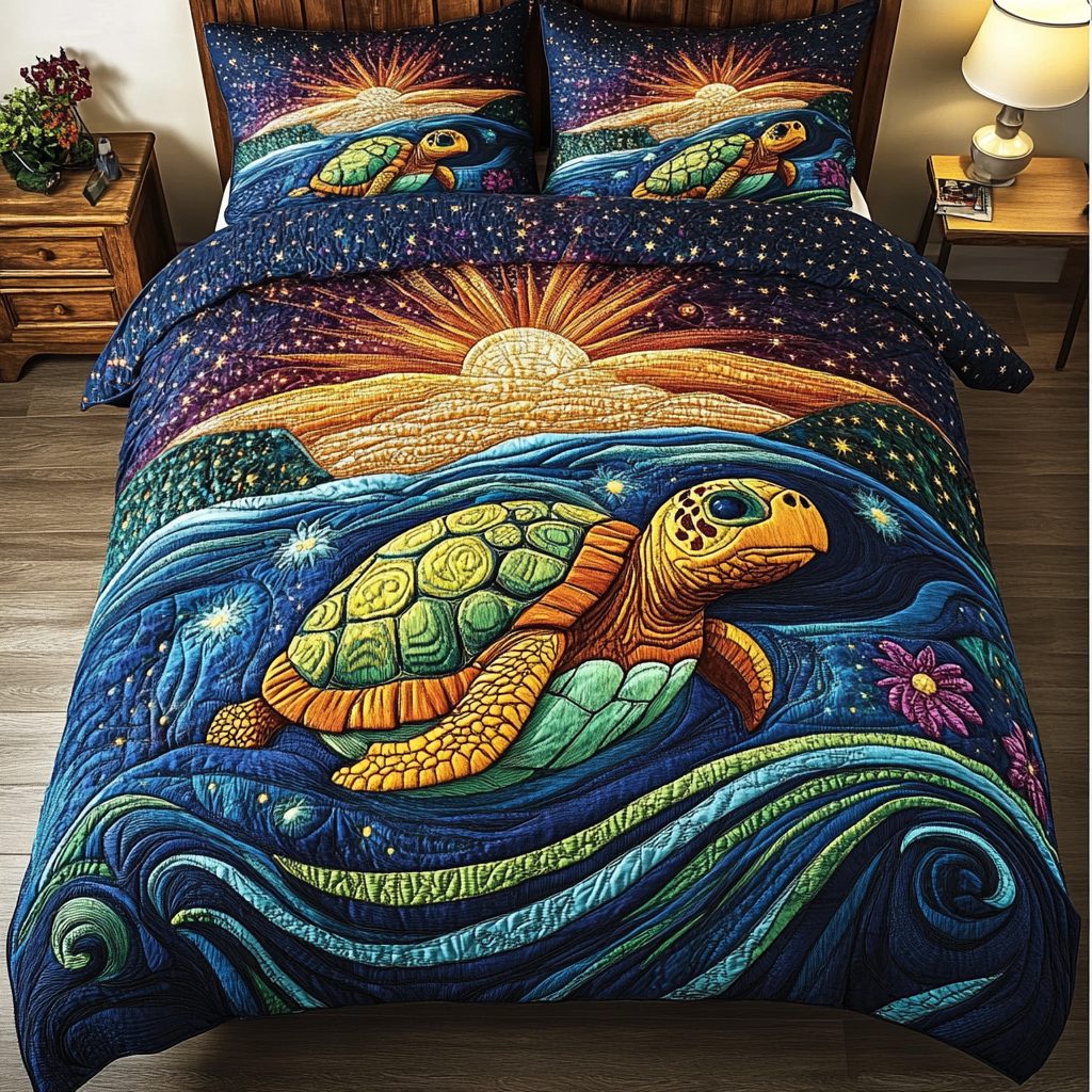 Serene Shells quilted 3-piece bedding set on a made bed in a light coastal bedroom