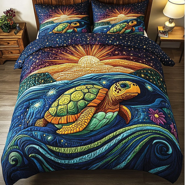 Serene Shells quilted 3-piece bedding set on a made bed in a light coastal bedroom