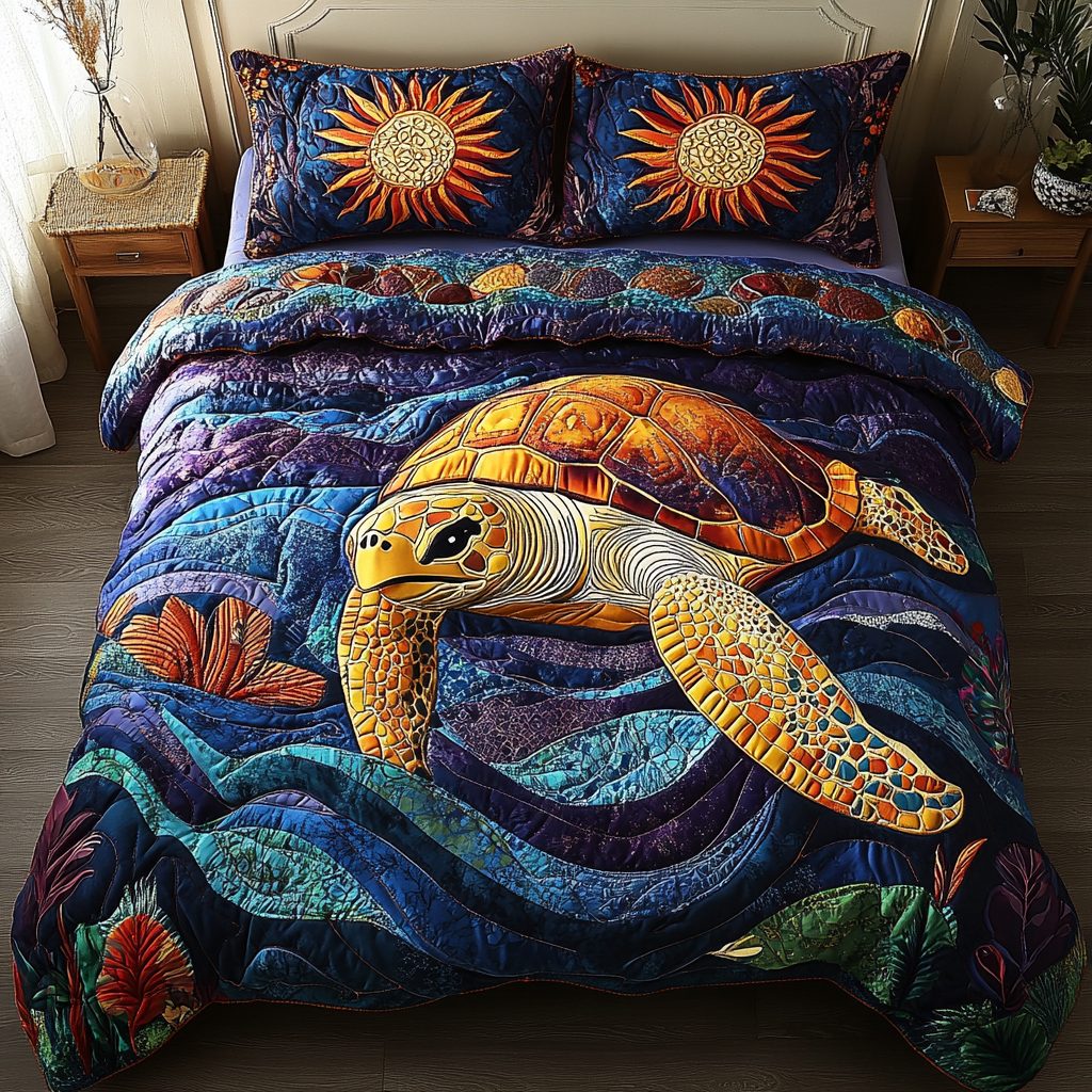 Serene Shells quilted 3-piece bedding set on a made bed in a light coastal bedroom