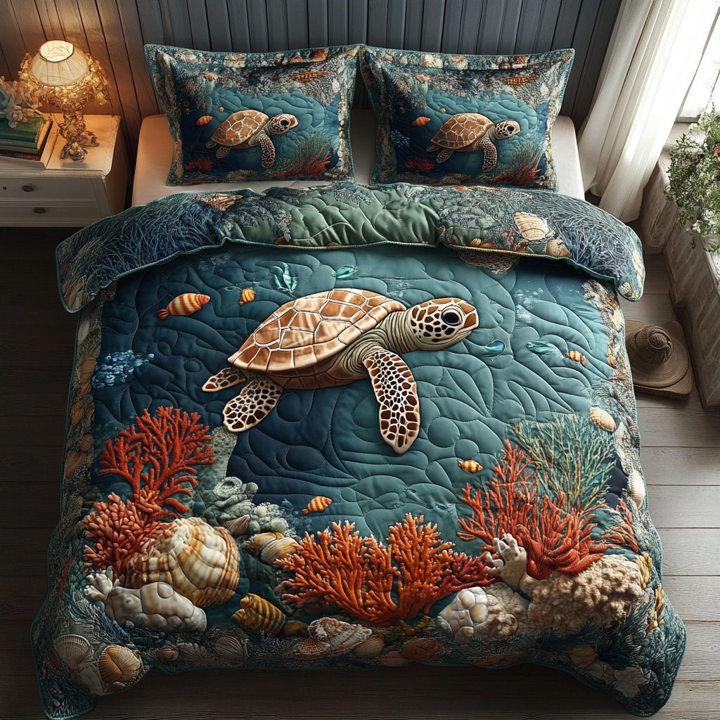 Serene Shells quilted 3-piece bedding set on a made bed in a light coastal bedroom