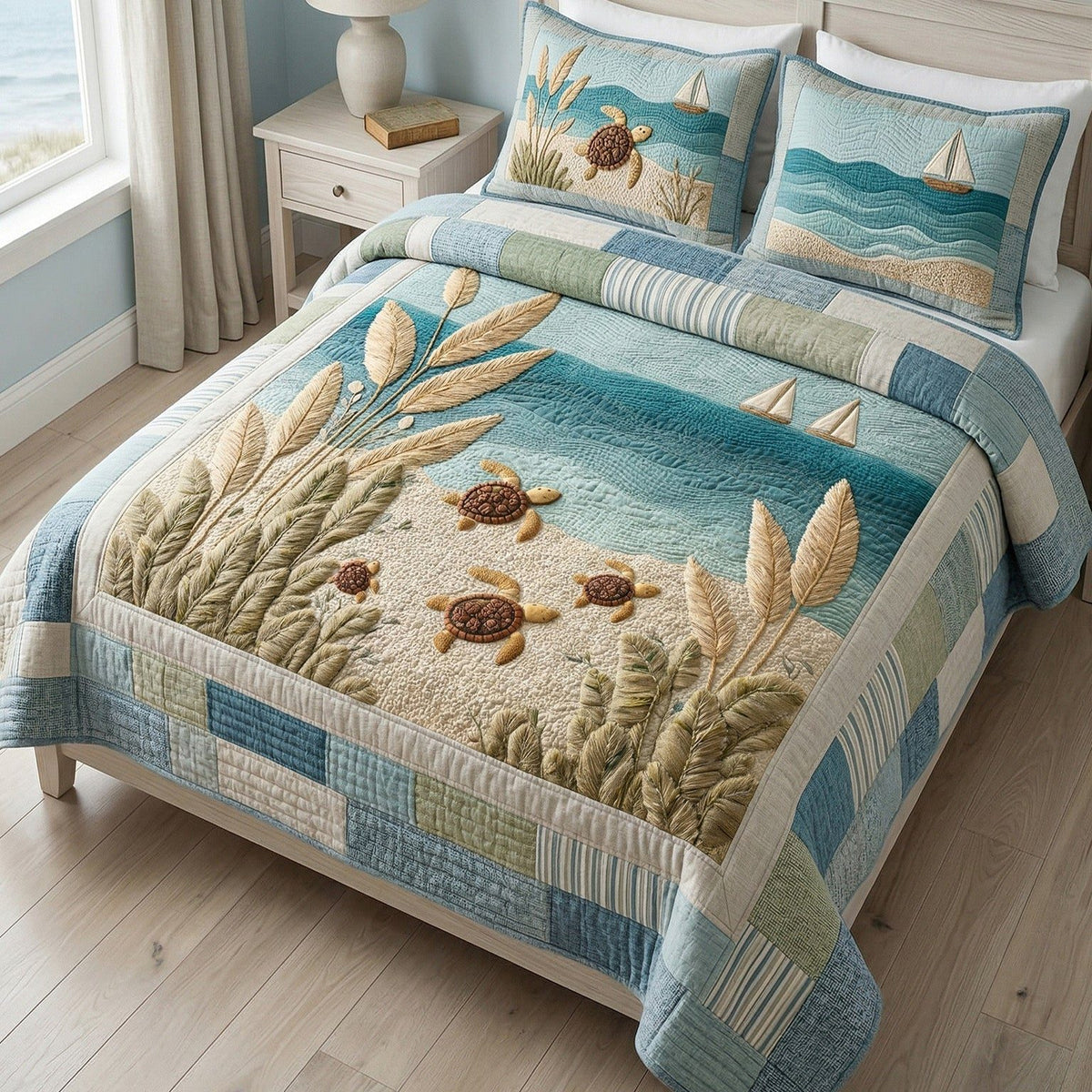 Serene Shore quilted 3-piece bedding set on a made bed in a light coastal bedroom