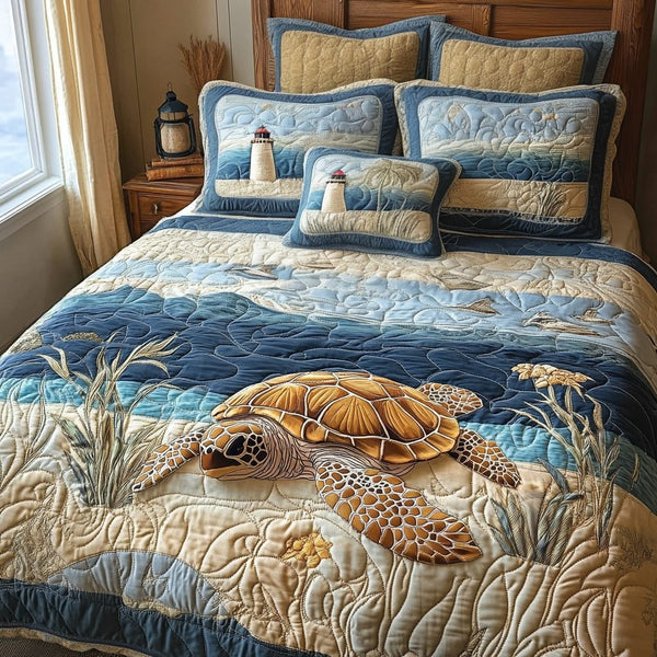 Serene Shores quilted 3-piece bedding set on a made bed in a light coastal bedroom