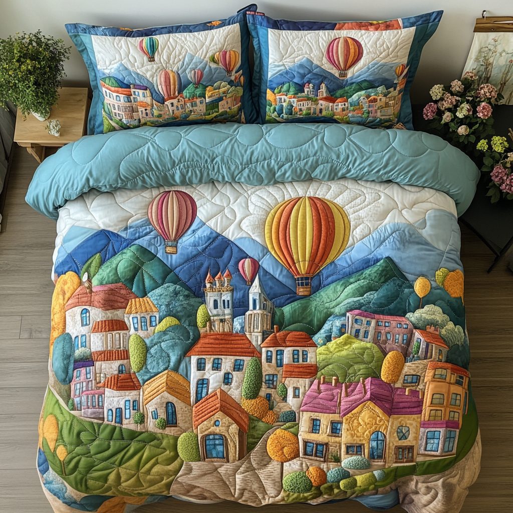 Serene Skies quilted 3-piece bedding set on a made bed with two matching pillow shams