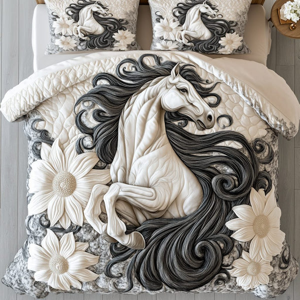 Serene Stallion quilted 3-piece bedding set on a made bed in a rustic timber bedroom