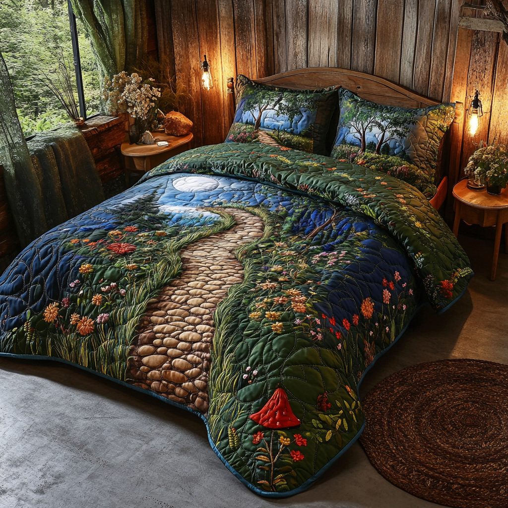 Serene Steps quilted 3-piece bedding set on a made bed with two matching pillow shams
