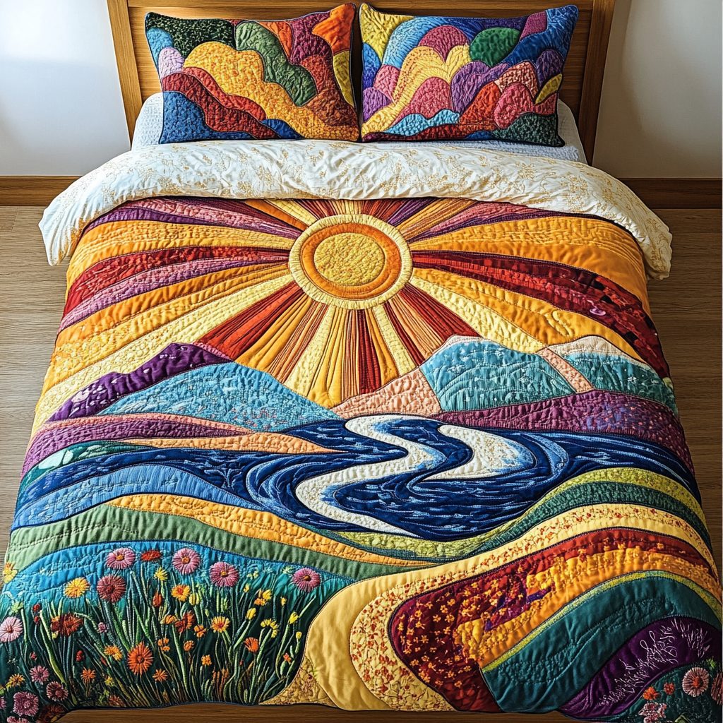 Serene Sunrise quilted 3-piece bedding set on a made bed with two matching pillow shams