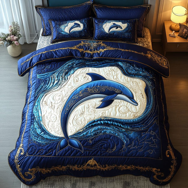 Serene Swimmer quilted 3-piece bedding set on a made bed with two matching pillow shams