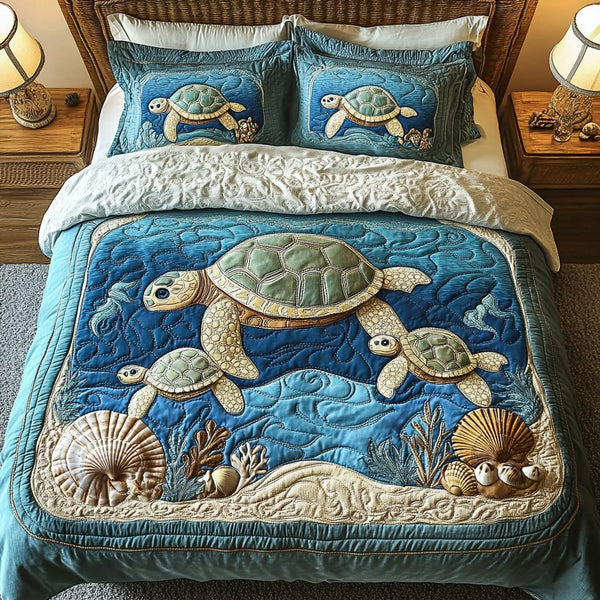 Serene Turtle quilted 3-piece bedding set on a made bed in a light coastal bedroom