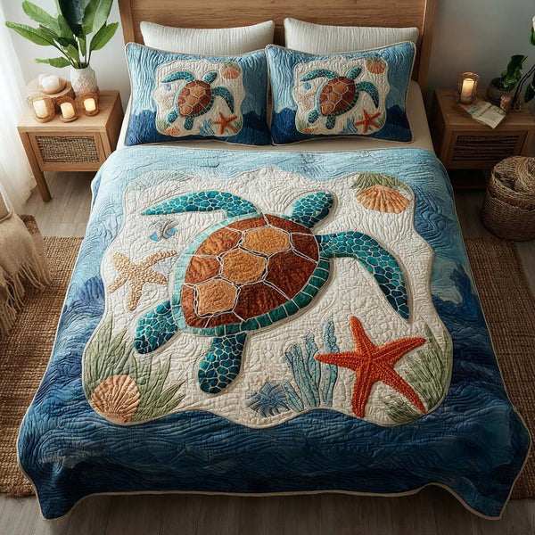 Serene Turtle Retreat quilted 3-piece bedding set on a made bed in a light coastal bedroom