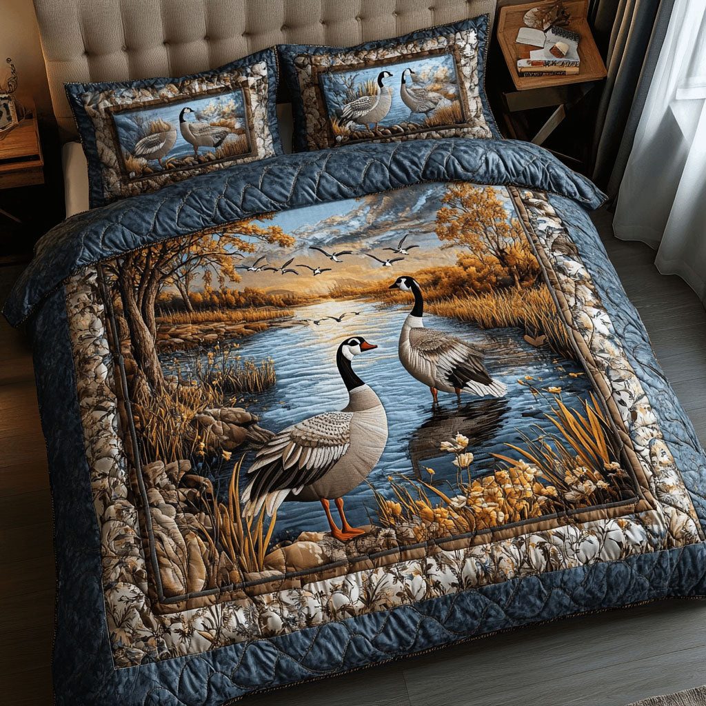 Serene Waters quilted 3-piece bedding set on a made bed with two matching pillow shams
