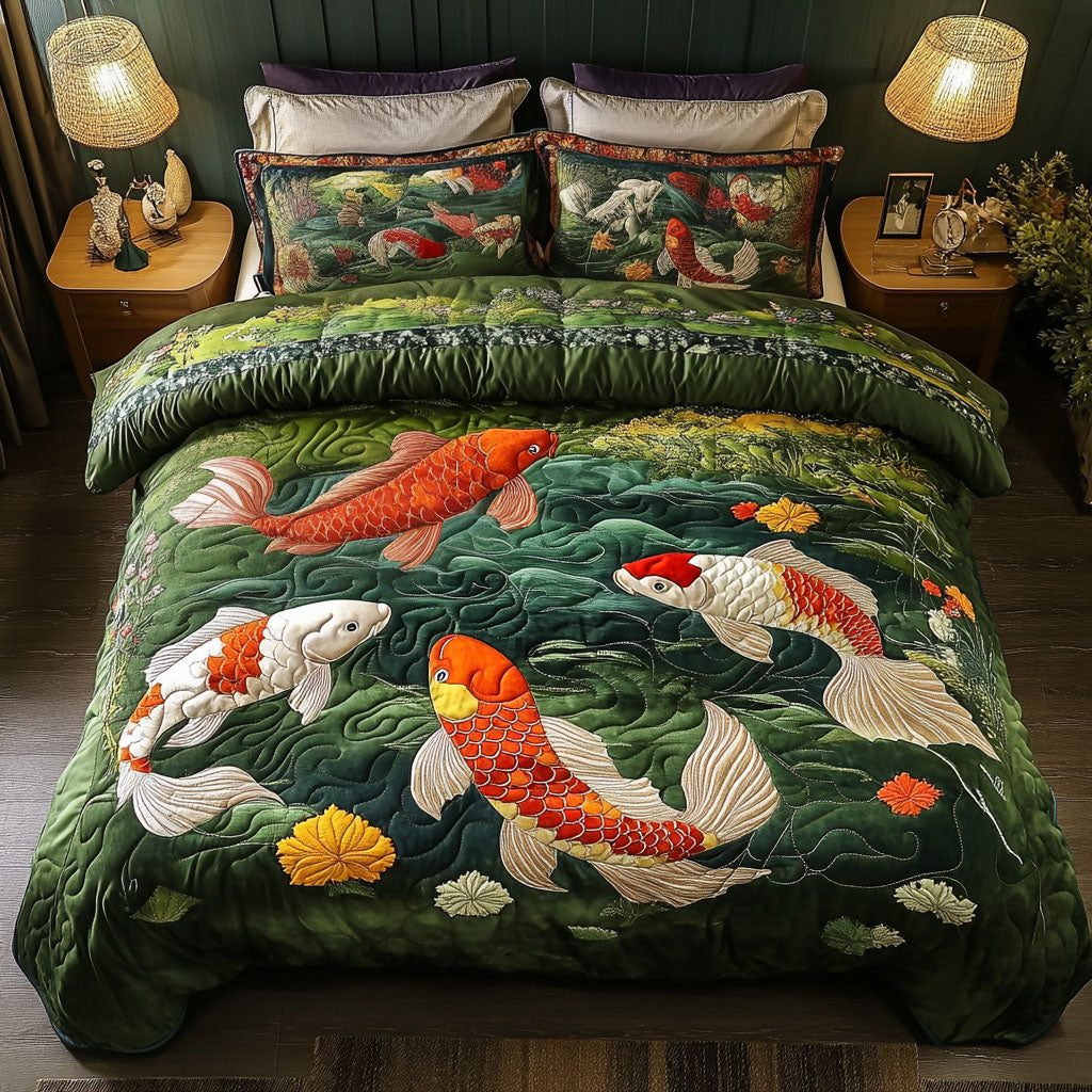 Serene Waters quilted 3-piece bedding set on a made bed with two matching pillow shams