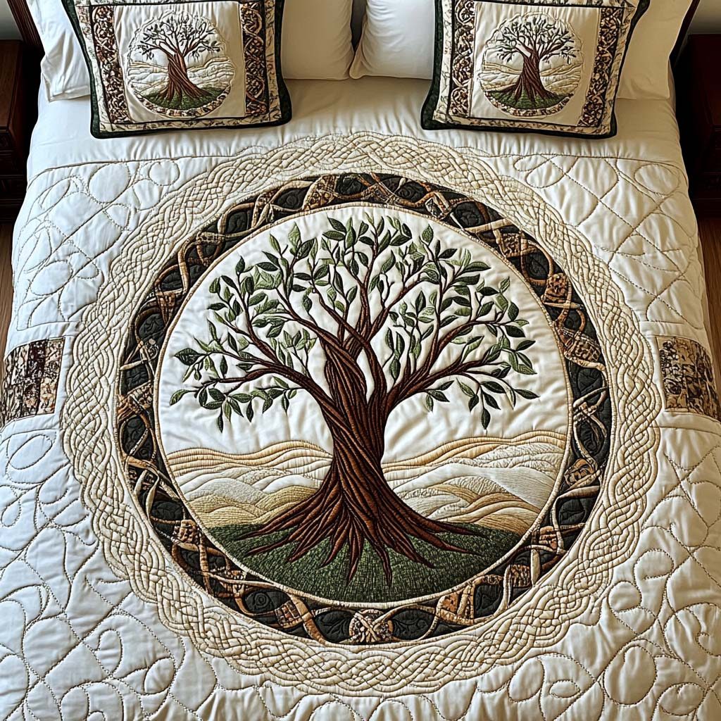 Serene Woodland quilted 3-piece bedding set on a made bed with two matching pillow shams