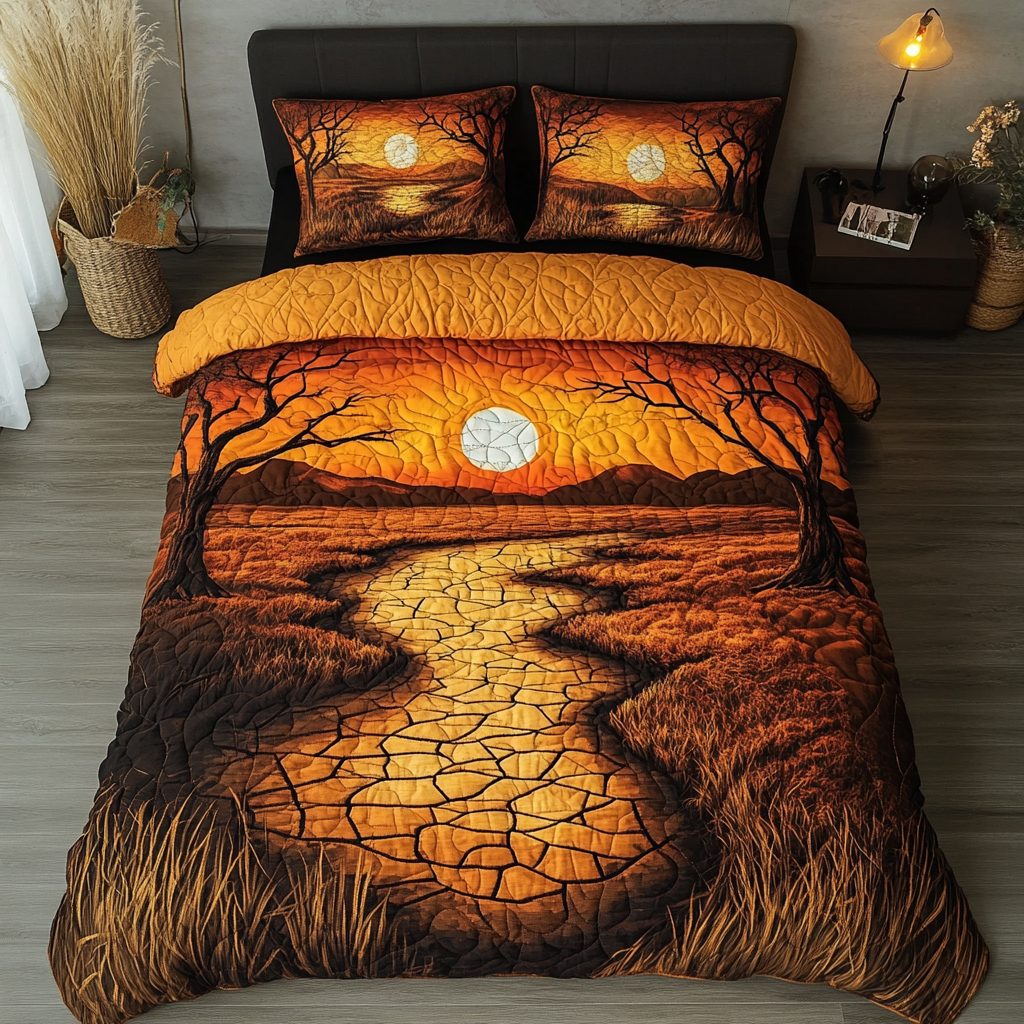Serengeti Shade quilted 3-piece bedding set on a made bed with two matching pillow shams