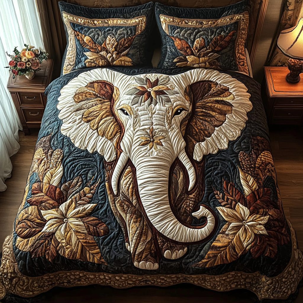 Serengeti Stroll quilted 3-piece bedding set on a made bed with two matching pillow shams