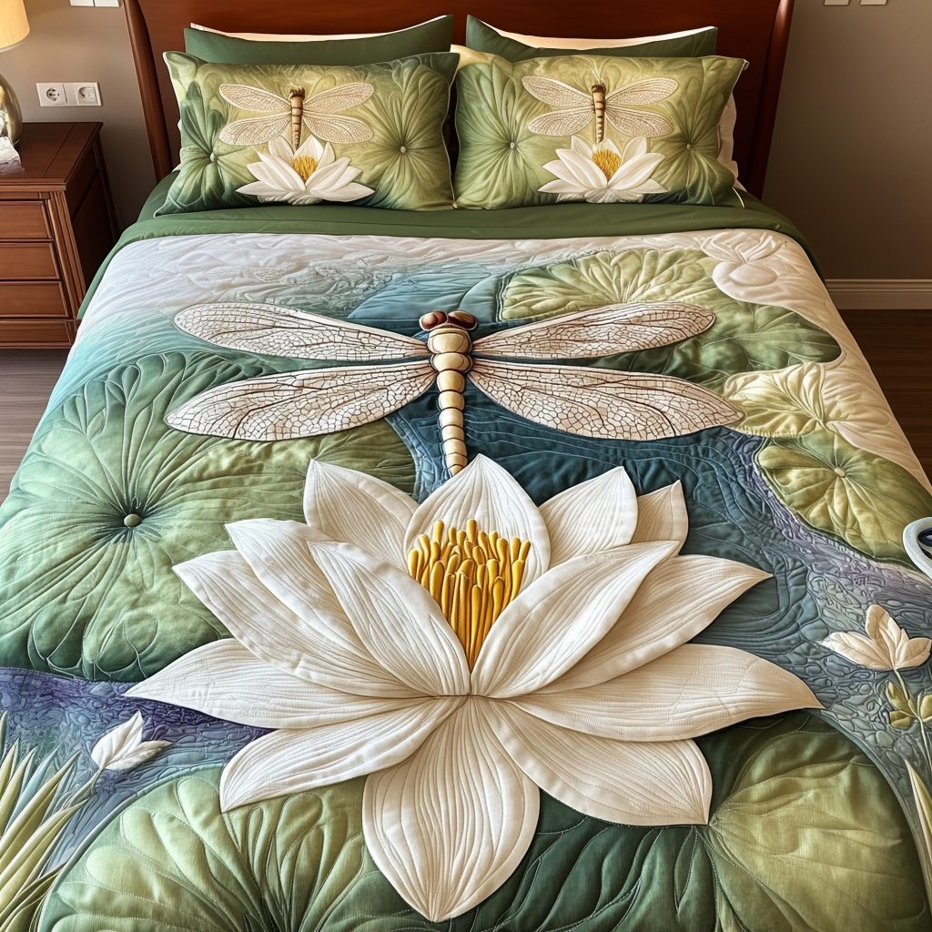 Serenity Dance quilted 3-piece bedding set on a made bed with two matching pillow shams
