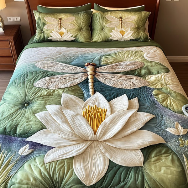 Serenity Dance quilted 3-piece bedding set on a made bed with two matching pillow shams