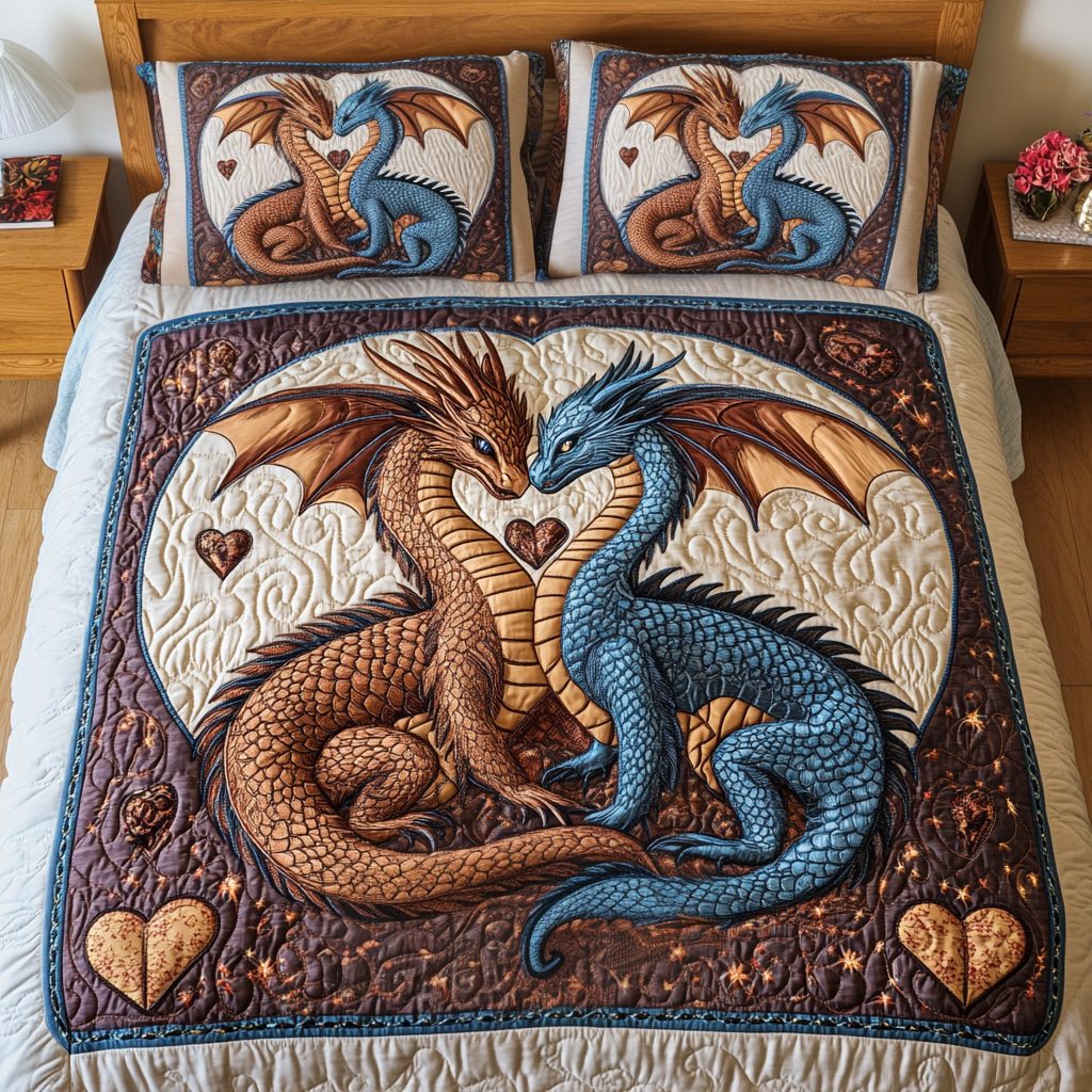 Serenity Dragons quilted 3-piece bedding set on a made bed with two matching pillow shams