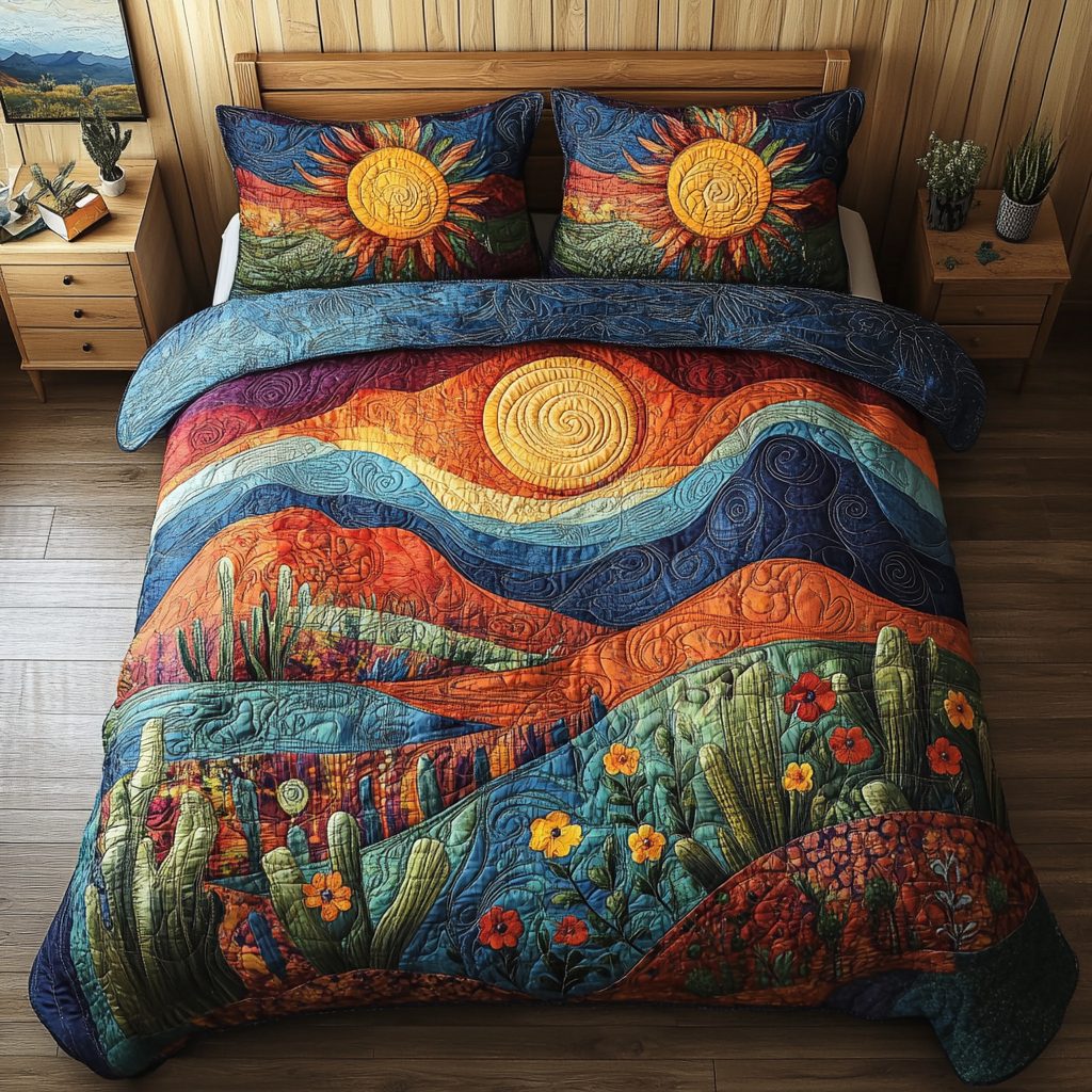 Serenity Field quilted 3-piece bedding set on a made bed with two matching pillow shams