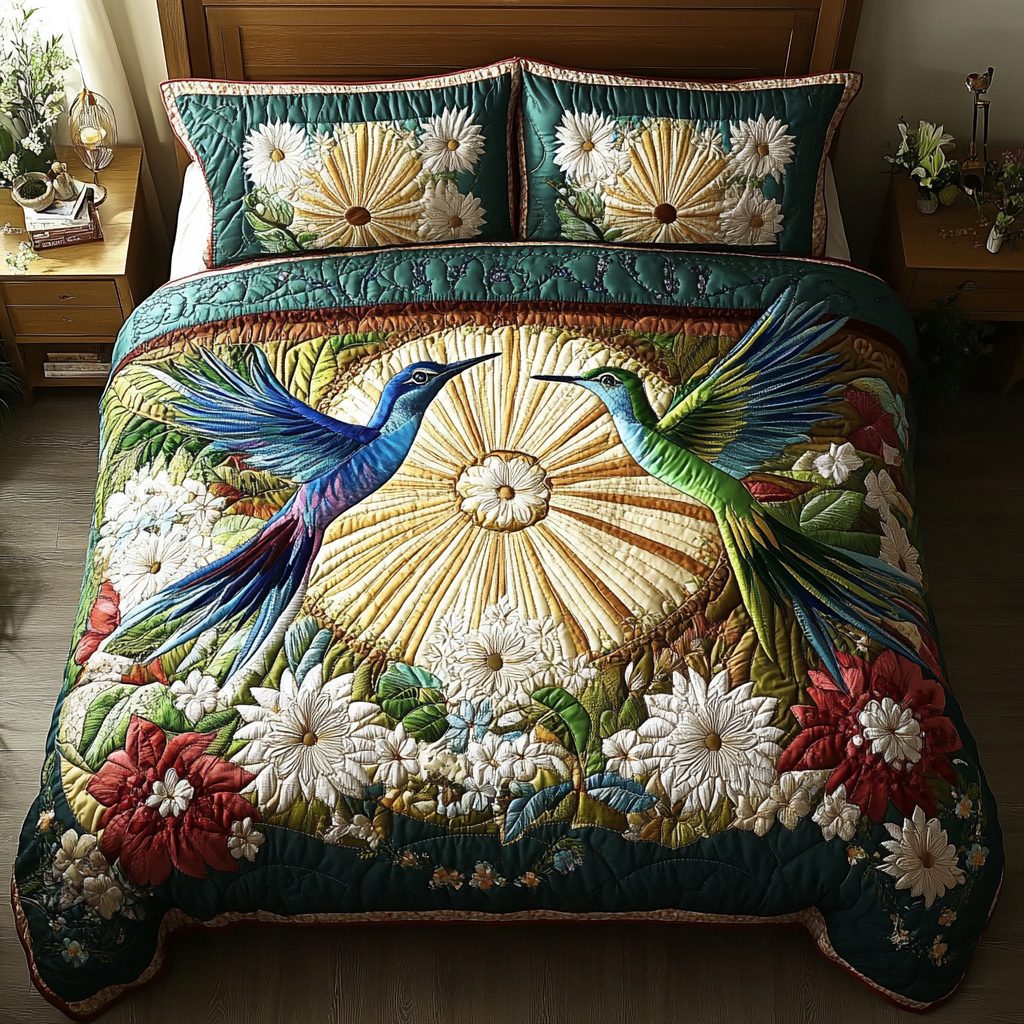 Serenity Flight quilted 3-piece bedding set on a made bed with two matching pillow shams