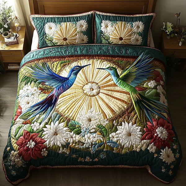Serenity Flight quilted 3-piece bedding set on a made bed with two matching pillow shams