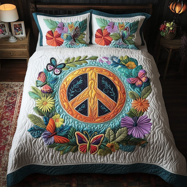Serenity Garden quilted 3-piece bedding set on a made bed with two matching pillow shams