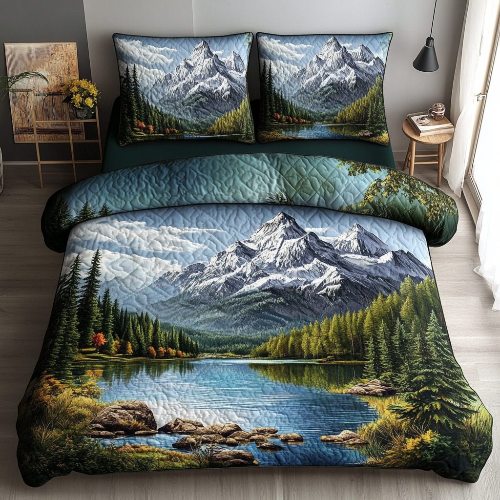 Serenity Hills quilted 3-piece bedding set on a made bed with two matching pillow shams