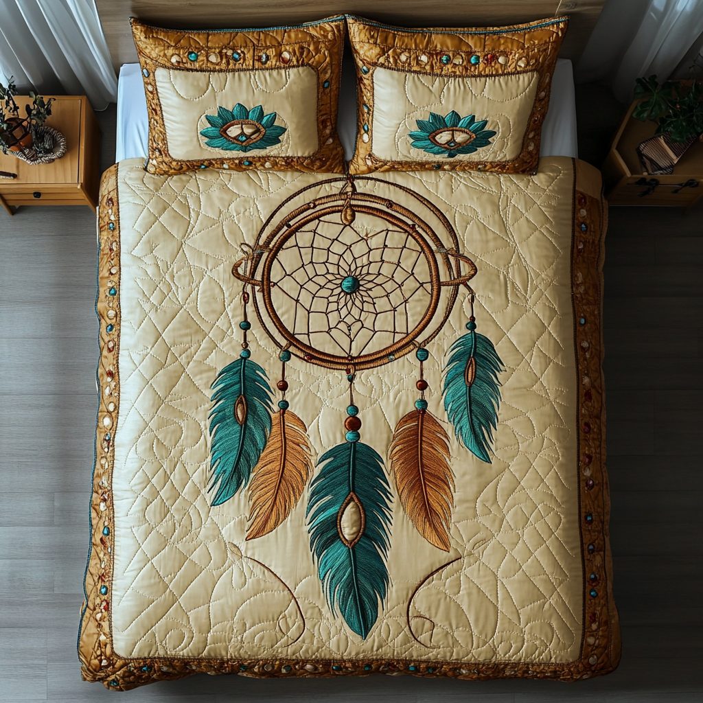 Serenity Hoop quilted 3-piece bedding set on a made bed with two matching pillow shams