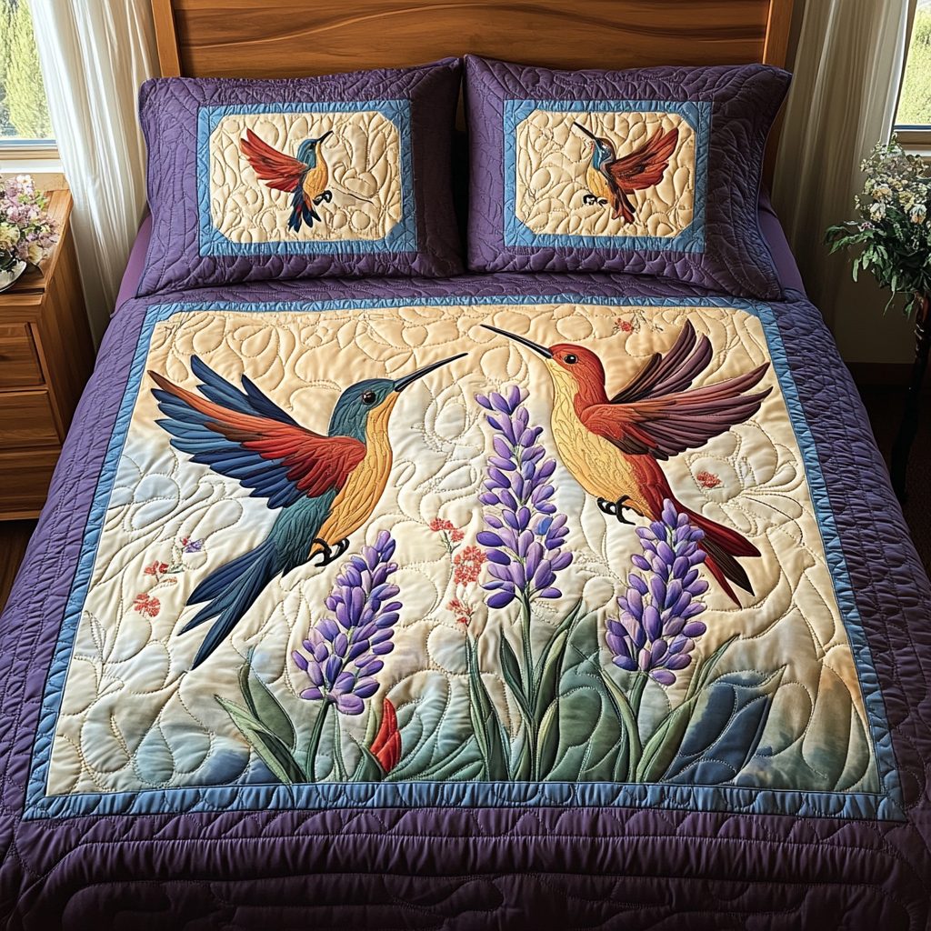 Serenity in Motion quilted 3-piece bedding set on a made bed with two matching pillow shams