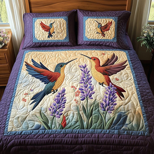 Serenity in Motion quilted 3-piece bedding set on a made bed with two matching pillow shams