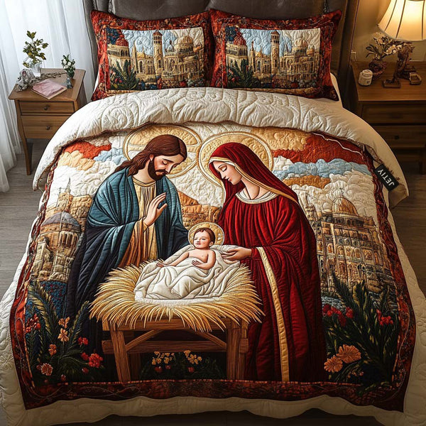 Serenity In The Manger quilted 3-piece bedding set on a made bed with two matching pillow shams
