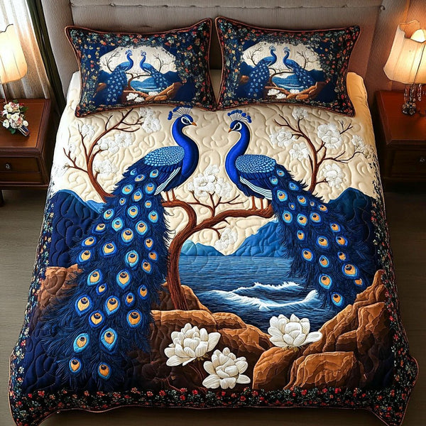 Serenity Lakeside quilted 3-piece bedding set on a made bed with two matching pillow shams