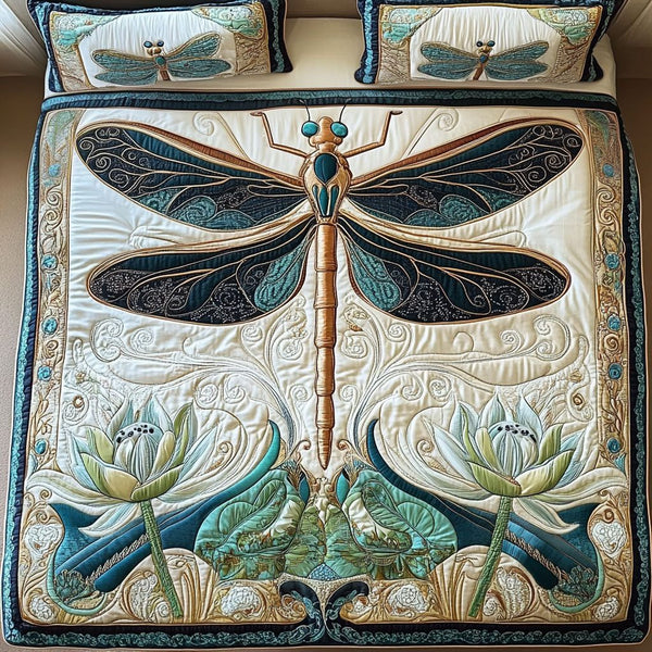 Serenity Lotus quilted 3-piece bedding set on a made bed with two matching pillow shams