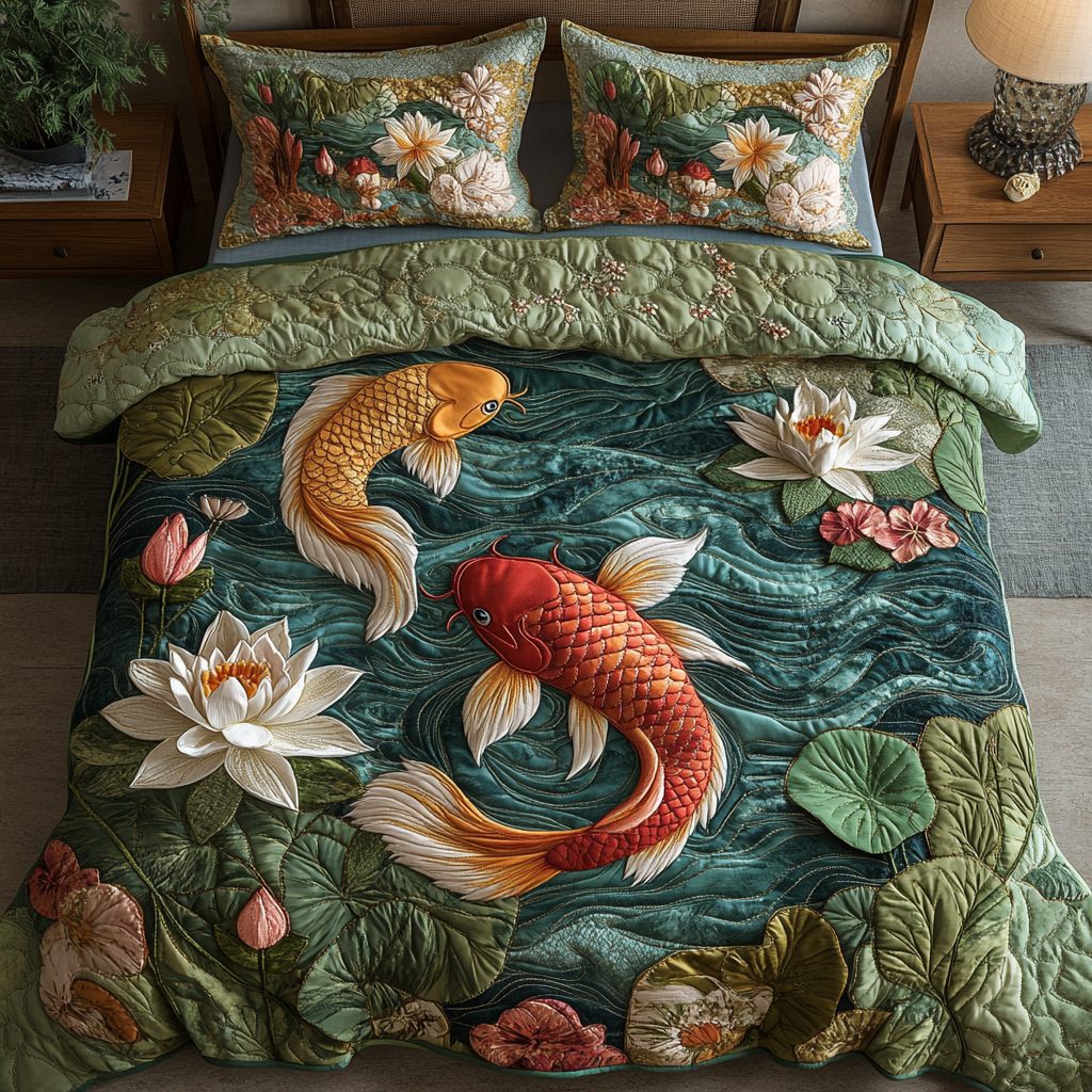 Serenity Pond quilted 3-piece bedding set on a made bed with two matching pillow shams
