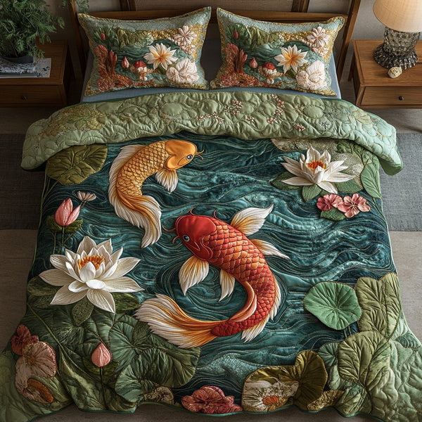 Serenity Pond quilted 3-piece bedding set on a made bed with two matching pillow shams