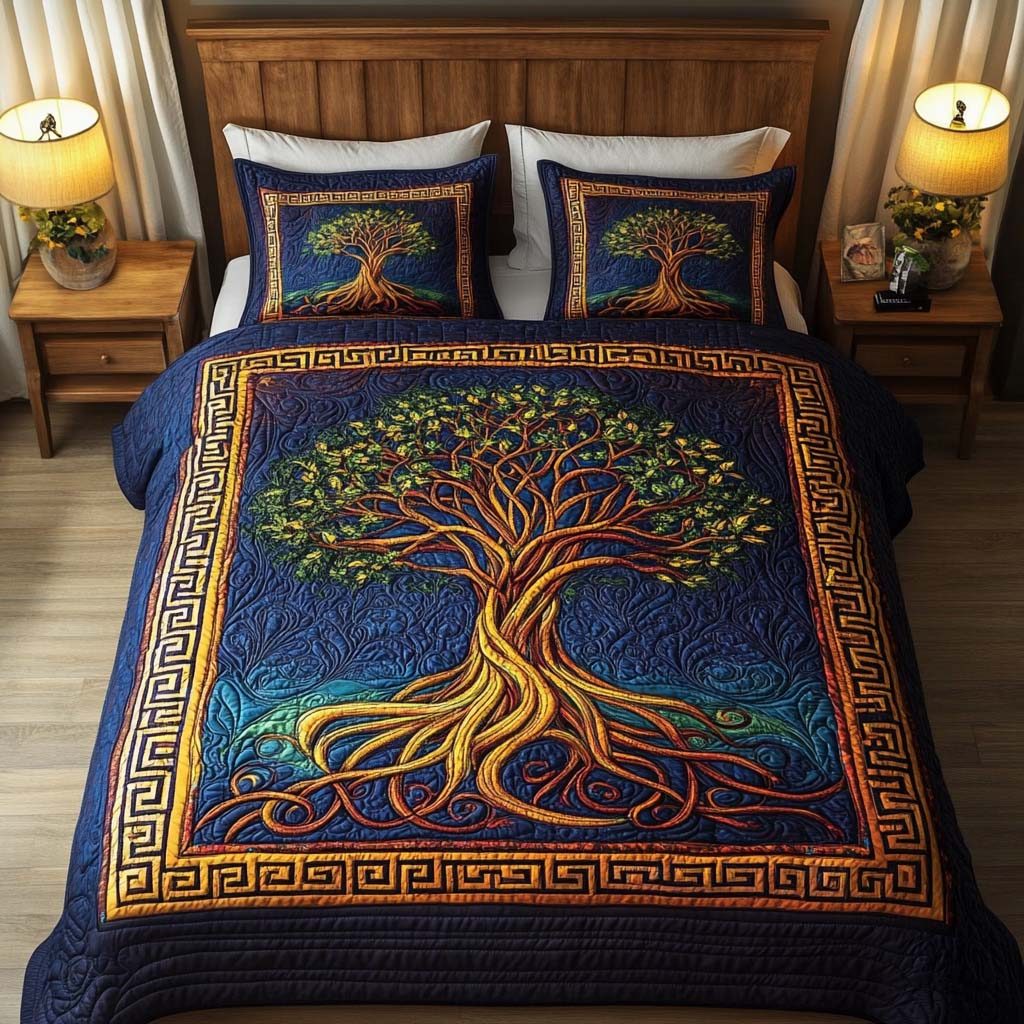 Serenity Roots quilted 3-piece bedding set on a made bed with two matching pillow shams
