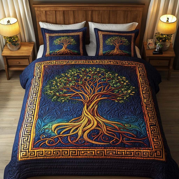 Serenity Roots quilted 3-piece bedding set on a made bed with two matching pillow shams