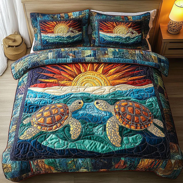 Serenity Shell quilted 3-piece bedding set on a made bed in a light coastal bedroom