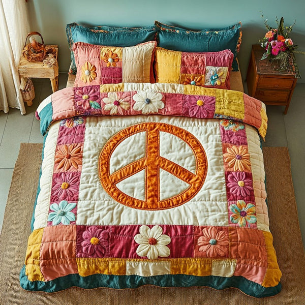 Serenity Stitch quilted 3-piece bedding set on a made bed with two matching pillow shams