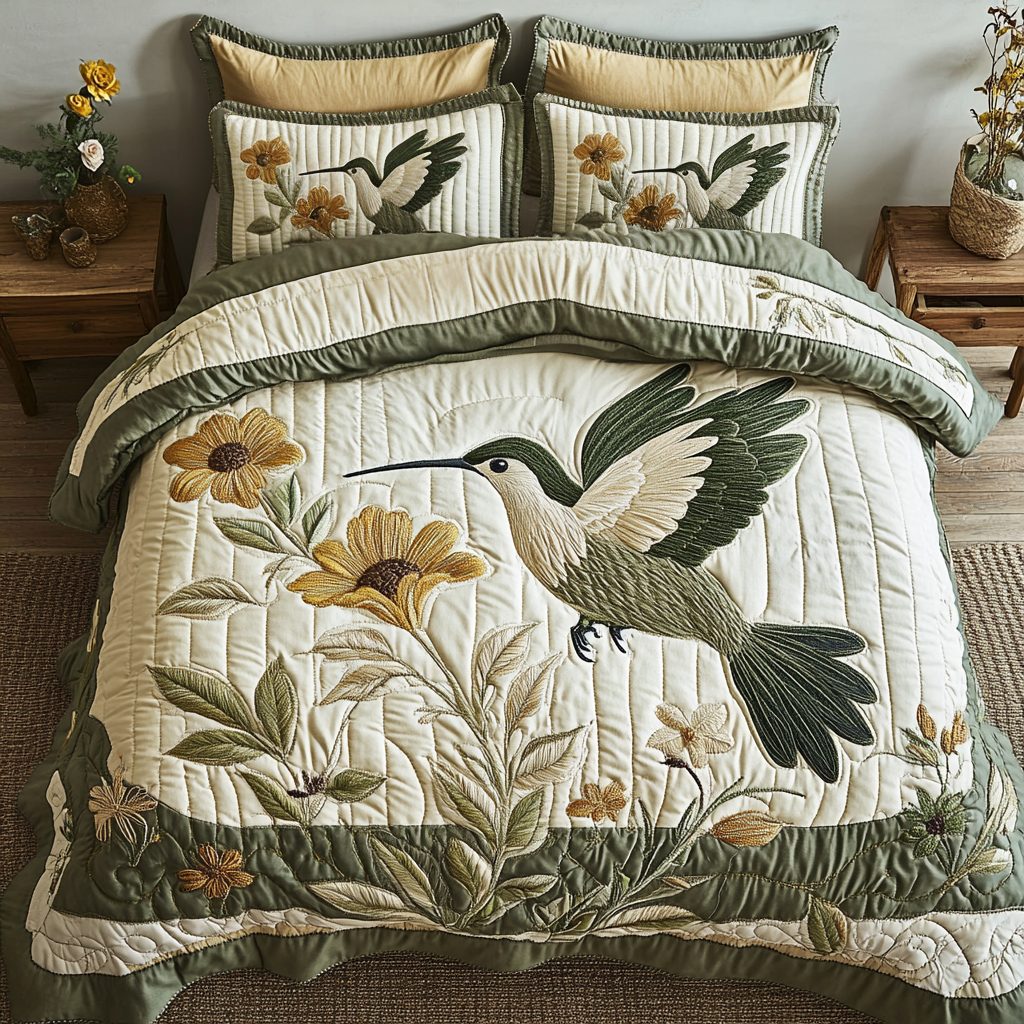 Serenity Stitch quilted 3-piece bedding set on a made bed with two matching pillow shams