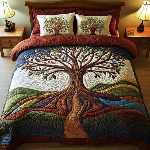 Serenity Tree quilted 3-piece bedding set on a made bed with two matching pillow shams